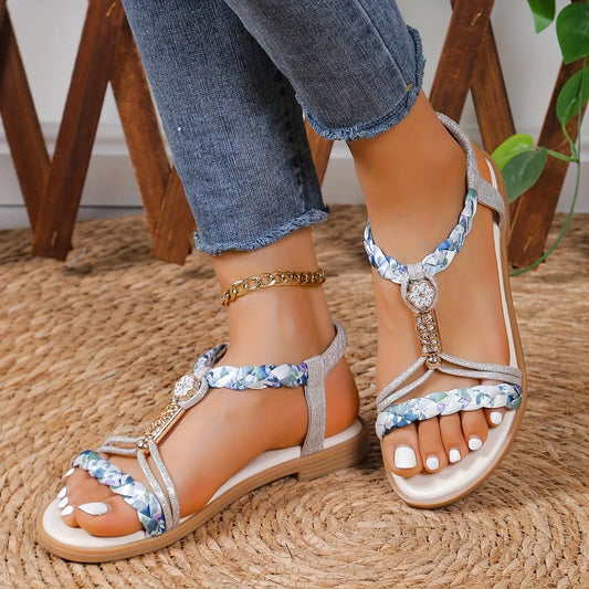 Women's Flat Sandals ⎜ Comfortable Shoes with Braided Design and Sparkling Details