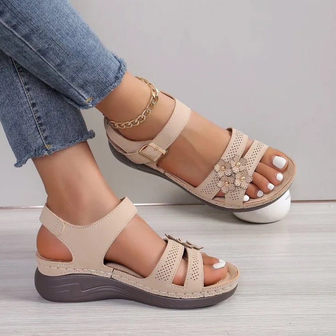 Women's Wedge Sandals ⎜ Comfortable Summer Shoes with Floral Appliqué and Non - Slip Sole for Everyday Wear