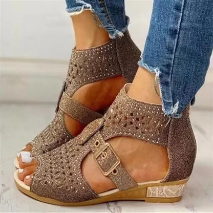 Women's Wedge Sandals ⎜ Comfortable Summer Shoes with Rhinestones , Cut - Out Design and Adjustable Buckle