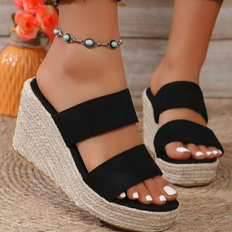 Wedge Heel Slippers for Women ⎜ Summery Sandals with Rope Sole and Comfortable Double Strap