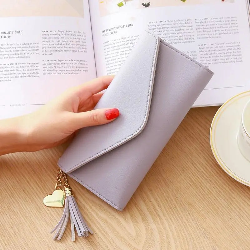 Women's Wallet in Tri - Fold Design ⎜ Long Format with Practical Clasp and Heart Pendant