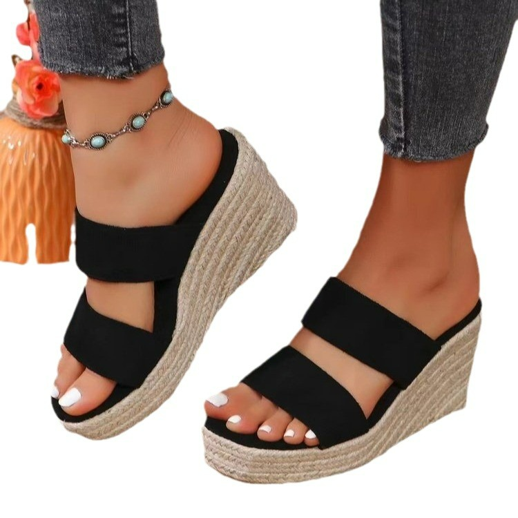 Wedge Heel Slippers for Women ⎜ Summery Sandals with Rope Sole and Comfortable Double Strap