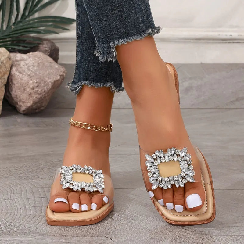 Simple Flat Sandals for Women ⎜ Transparent Summer Shoes with Rhinestone Appliqués and an Elegant Design
