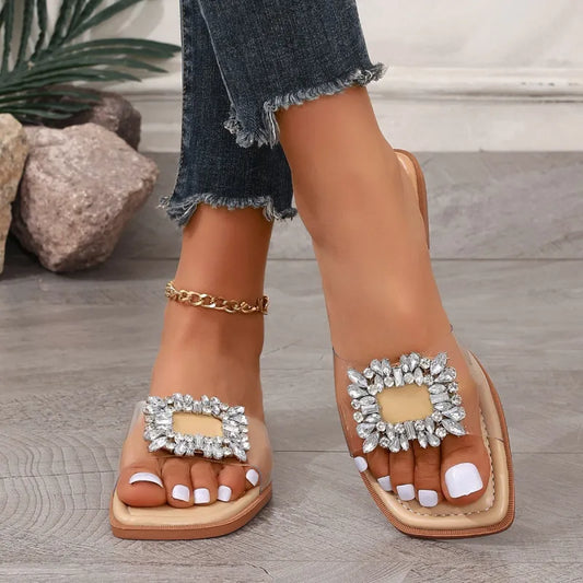 Simple Flat Sandals for Women ⎜ Transparent Summer Shoes with Rhinestone Appliqués and an Elegant Design