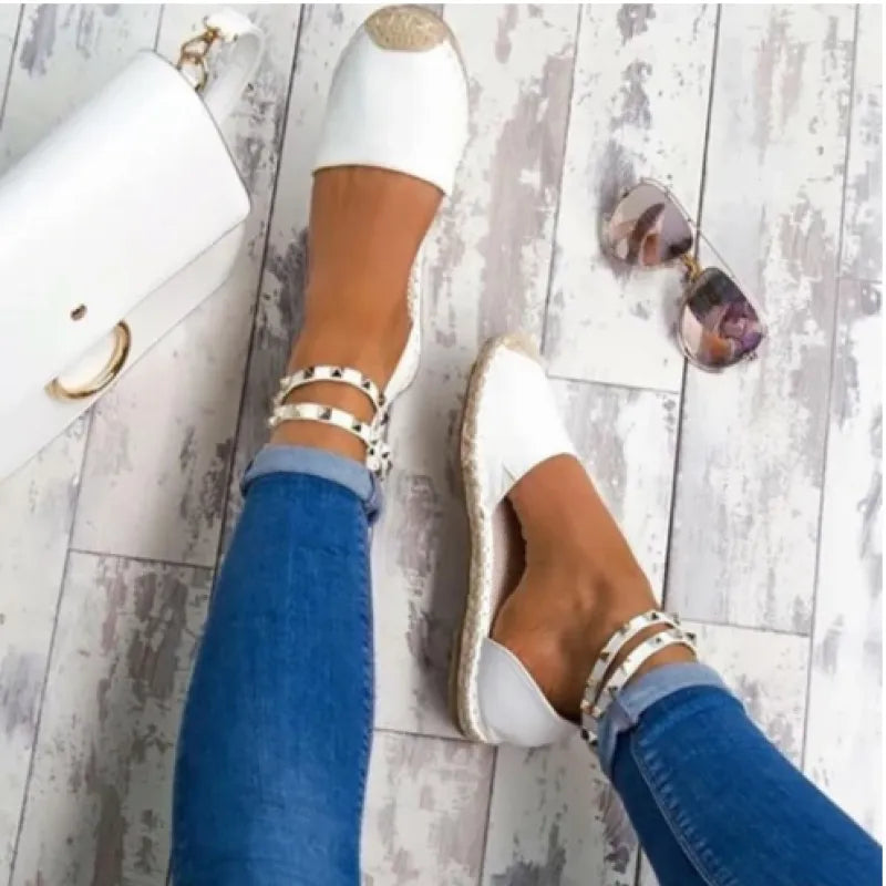 Flat Espadrilles for Women ⎜ Comfortable Shoes with Stud Appliqué and Jute Yarn Sole for Summer