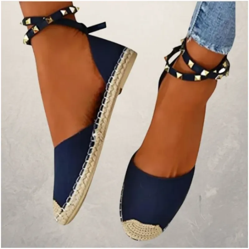 Flat Espadrilles for Women ⎜ Comfortable Shoes with Stud Appliqué and Jute Yarn Sole for Summer