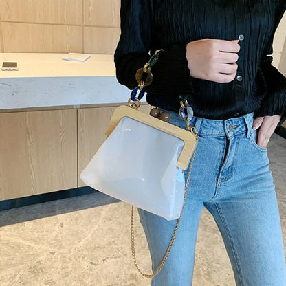 Transparent Shoulder Bag for Women ⎜ Fashionable Bag with Chain Detail and Wooden Clasp