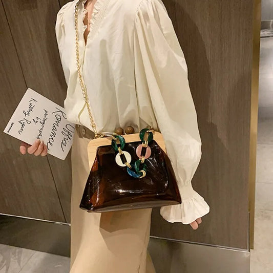 Transparent Shoulder Bag for Women ⎜ Fashionable Bag with Chain Detail and Wooden Clasp