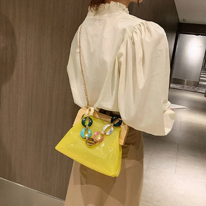 Transparent Shoulder Bag for Women ⎜ Fashionable Bag with Chain Detail and Wooden Clasp