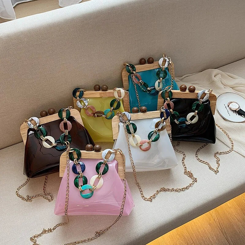 Transparent Shoulder Bag for Women ⎜ Fashionable Bag with Chain Detail and Wooden Clasp
