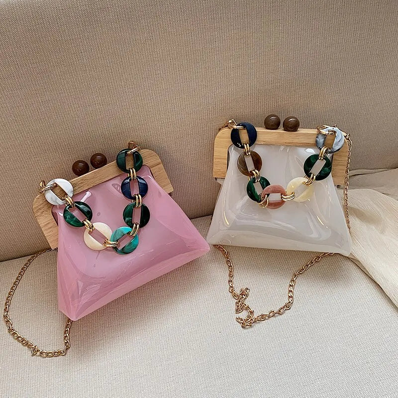 Transparent Shoulder Bag for Women ⎜ Fashionable Bag with Chain Detail and Wooden Clasp