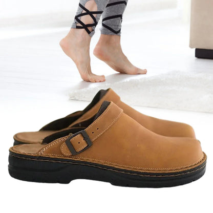 Men's Low Shoes with Straps ⎜ Comfortable Leather Clogs with Adjustable Strap and Non - Slip Sole