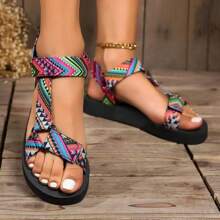 Women's Roman Sandals ⎜ Flat Summer Shoes with Colour - Contrasting Fabric Cover for Everyday Wear and Leisure