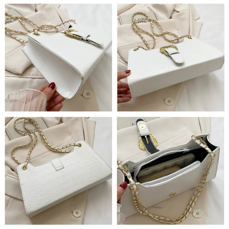 Shoulder Bag with Chain ⎜ Modern Design with Crocodile Embossing and Stylish Golden Clasp