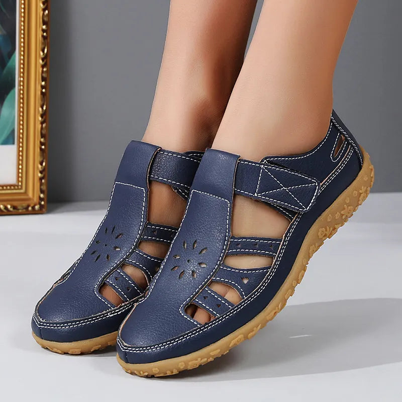 Women's Summer Shoes with a Perforated Pattern ⎜ Comfortable Flats with a Velcro Fastener and Non - Slip Sole for Everyday Wear