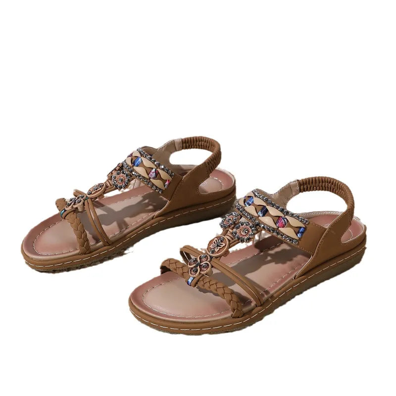 Boho Sandals for Women ⎜ Comfortable Summer Shoes with Pearls , Rhinestones and Elasticated Strap in a Comfortable Size