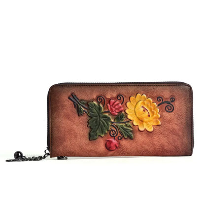 Women's Wallet with Zip ⎜ Retro Design with Floral Embossing and Practical Wrist Strap