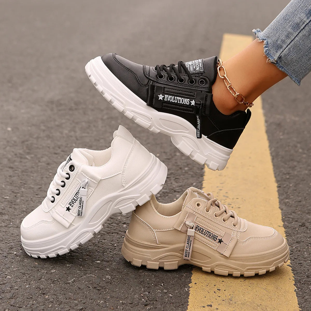 Women's Sneakers ⎜ Comfortable Lace - Up Shoes with a Side Zip and Thick Sole Profile for Everyday Wear