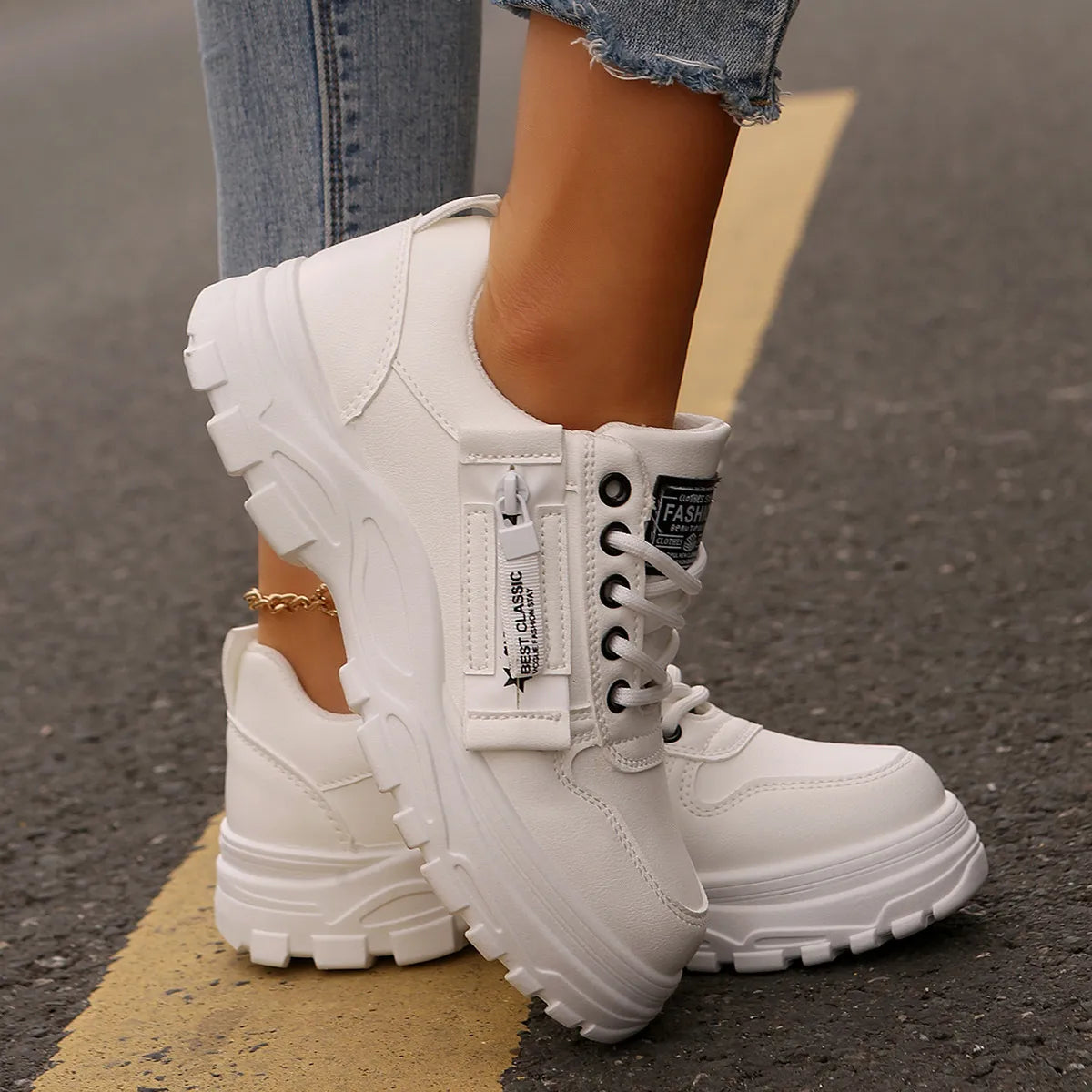 Women's Sneakers ⎜ Comfortable Lace - Up Shoes with a Side Zip and Thick Sole Profile for Everyday Wear