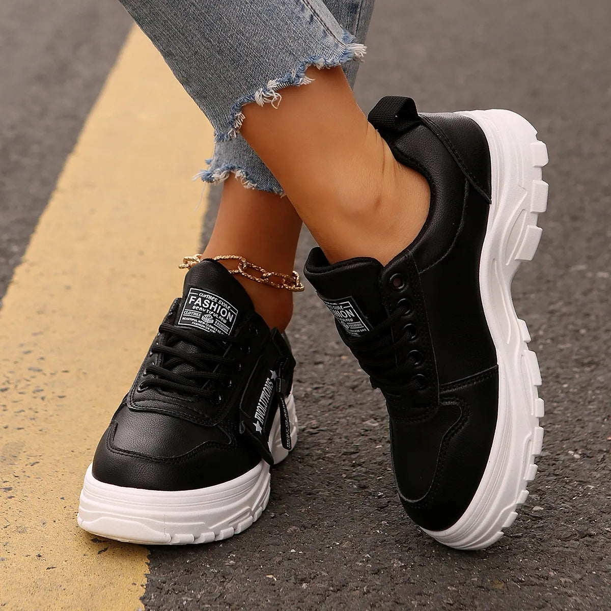Women's Sneakers ⎜ Comfortable Lace - Up Shoes with a Side Zip and Thick Sole Profile for Everyday Wear