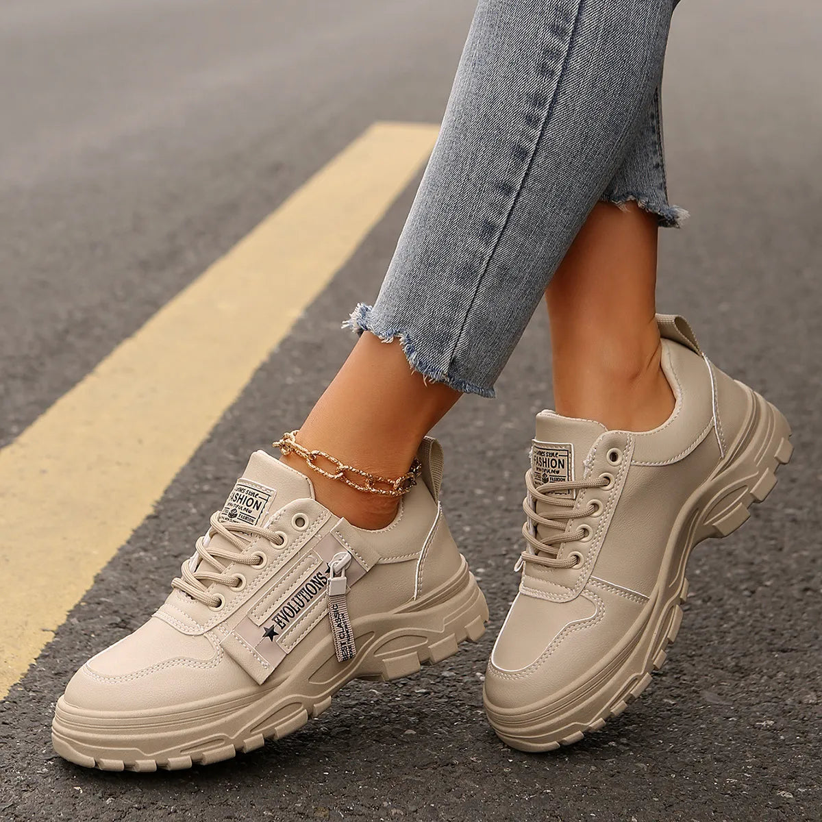 Women's Sneakers ⎜ Comfortable Lace - Up Shoes with a Side Zip and Thick Sole Profile for Everyday Wear