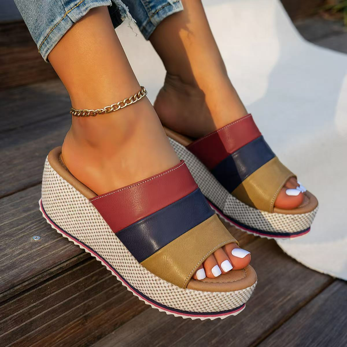 Women's Wedge Sandals with Block Heel ⎜ Comfortable Platform Loafers with Colour Block Design and Straps