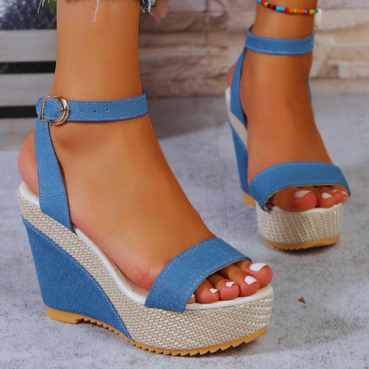 Women's Wedge Sandals ⎜ High Summer Shoes Made From Denim with Ankle Strap and Non - Slip Sole