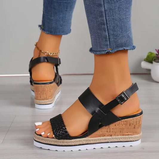 Women's Wedge Sandals ⎜ Open Summer Shoes with Ankle Strap and Braided Sole in Comfort Width