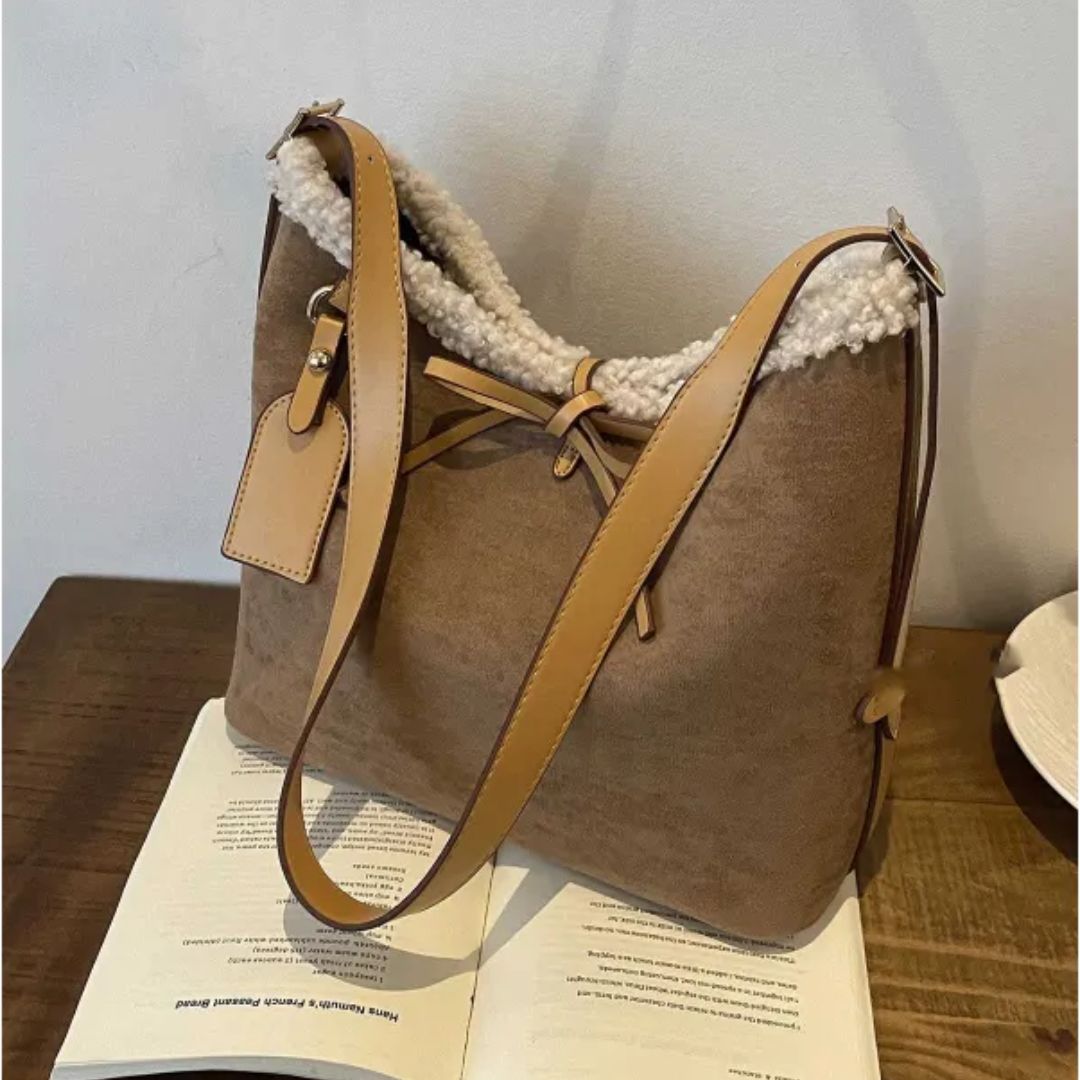 Retro Shoulder Bag for Women ⎜ Large Suede Bag with Soft Lining and Decorative Bow Fastening