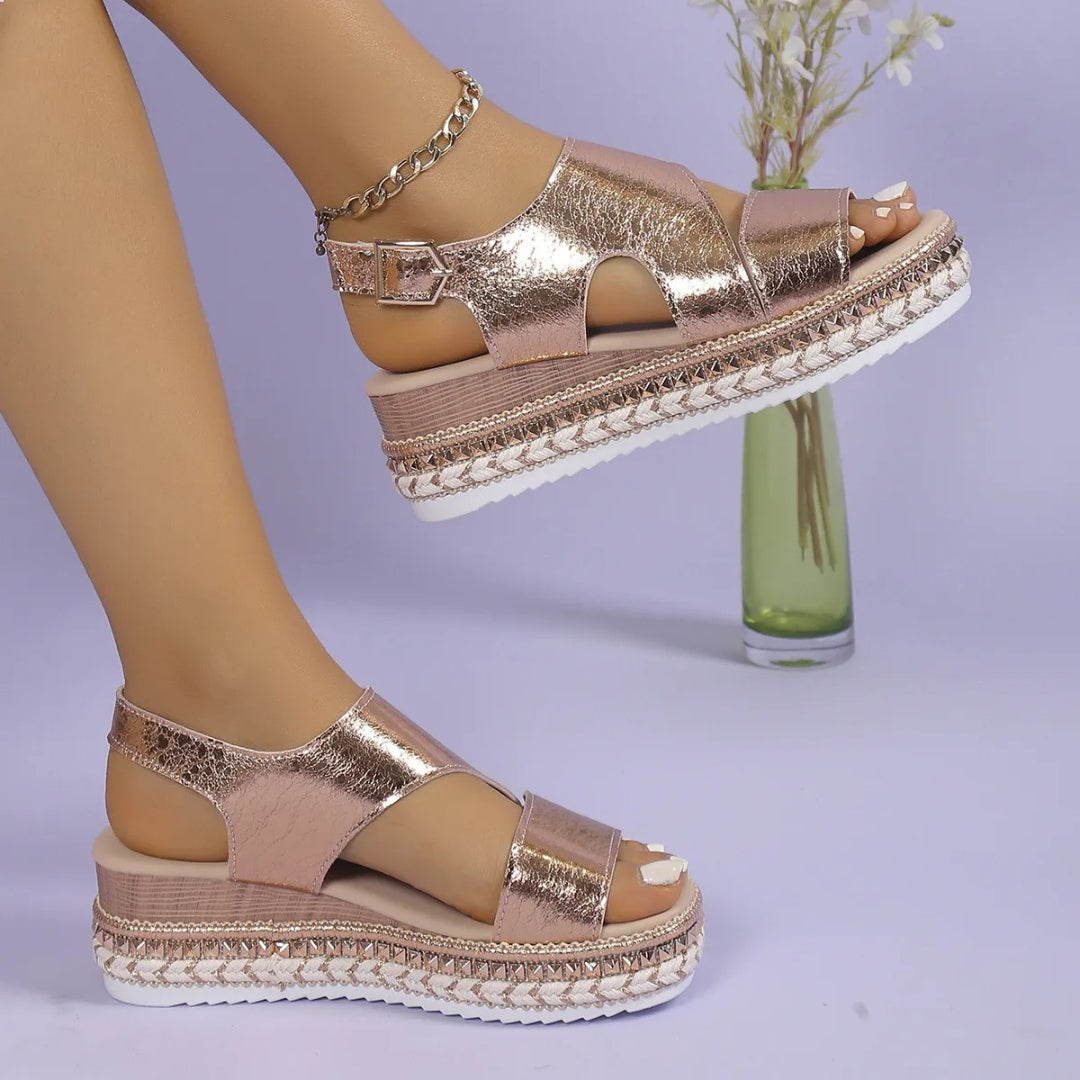 Women's Wedge Sandals ⎜ Comfortable Summer Shoes with an Elasticated Strap and Non - Slip Sole in a Metallic Look