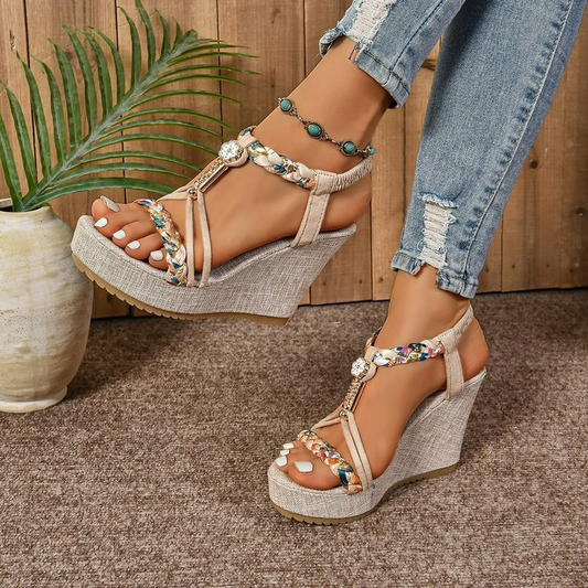 Women's Wedge Sandals ⎜ Comfortable Shoes with a Rattan Look and Sparkling Rhinestones