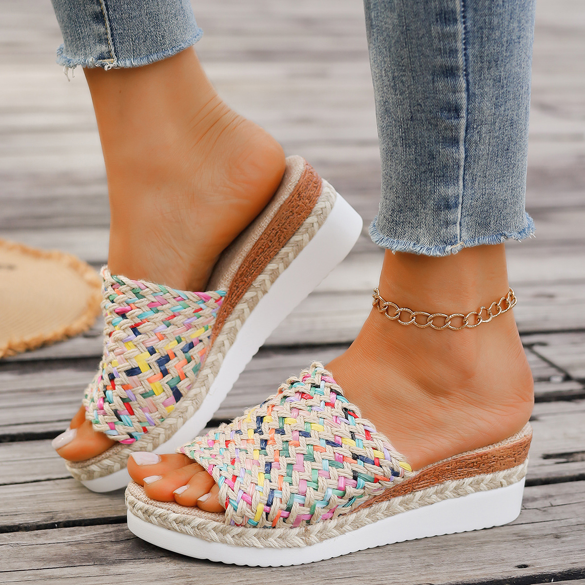 Women's Colourful Wedge Slip - on Design ⎜ Comfortable Non - Slip Sandals with a Hemp Rope Look and Thick Heel