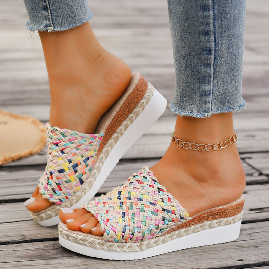 Women's Colourful Wedge Slip - on Design ⎜ Comfortable Non - Slip Sandals with a Hemp Rope Look and Thick Heel
