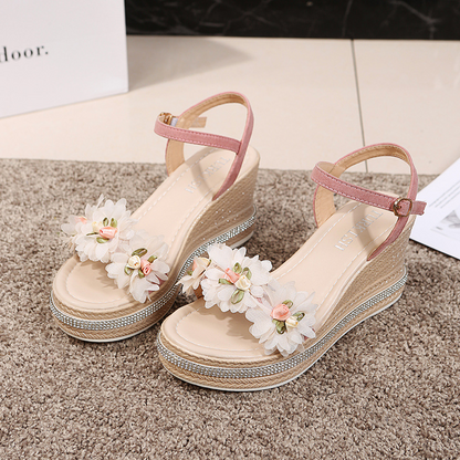 Women's Wedge Sandals Summer ⎜ Comfortable Platform Sandals with Floral Appliqués and Adjustable Ankle Strap