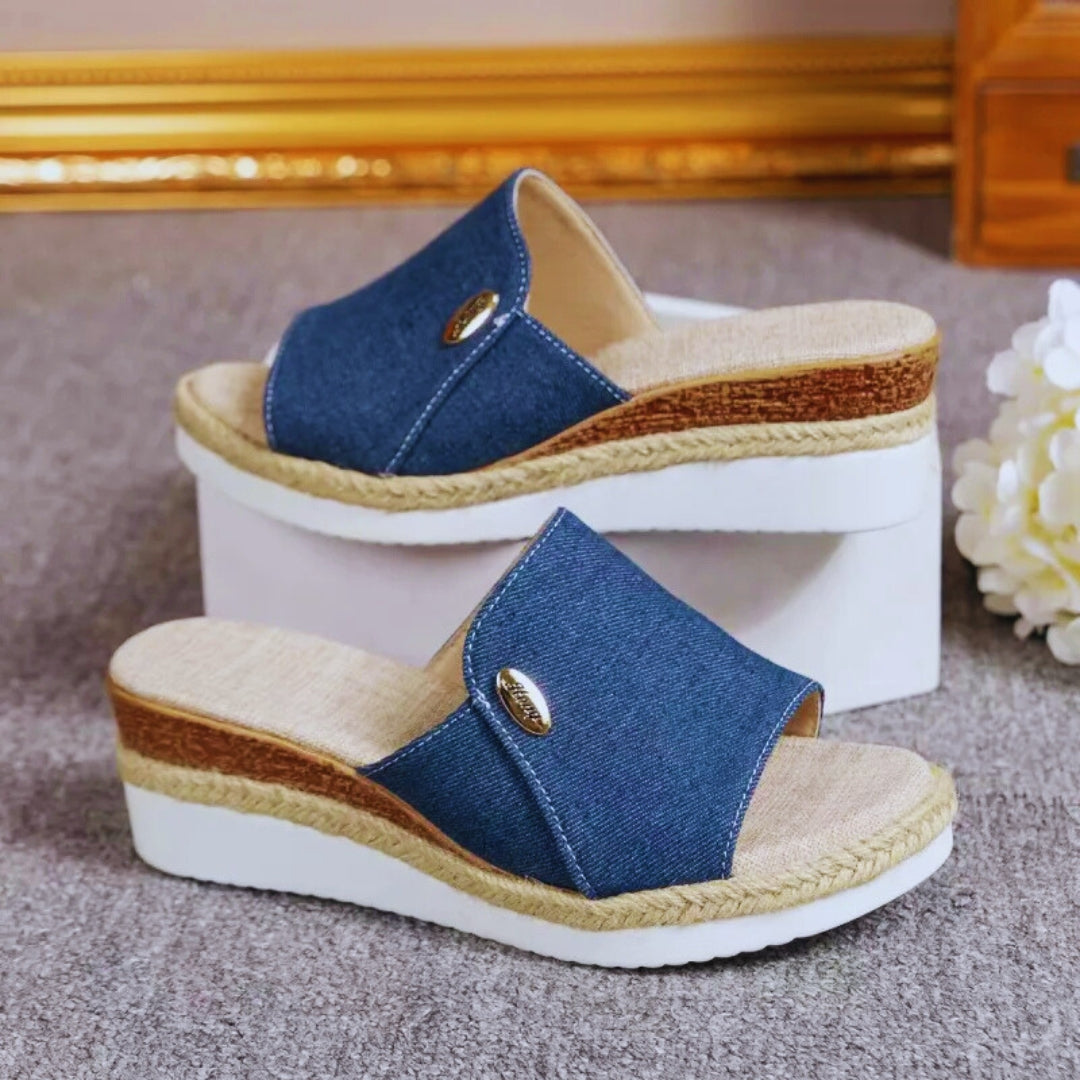 Platform Mules for Women ⎜ Comfortable Summer Shoes Made of Denim with Jute Edging and Open Toe