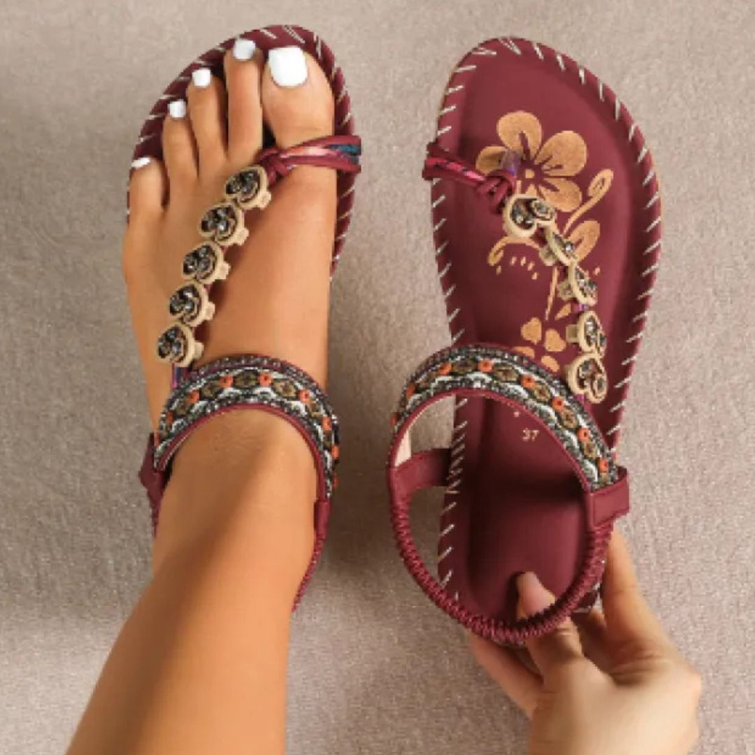 Boho Sandals for Women ⎜ Comfortable Summer Shoes with Rhinestones and Toe Separators for Everyday Wear & Beach