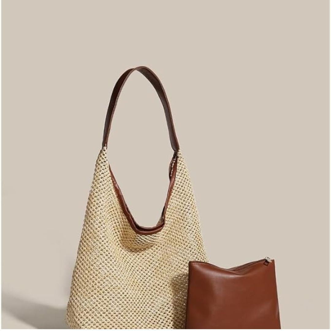 Beach Bag ⎜ Large Practical Shopper Bag Made of Woven Straw with Additional Pouch