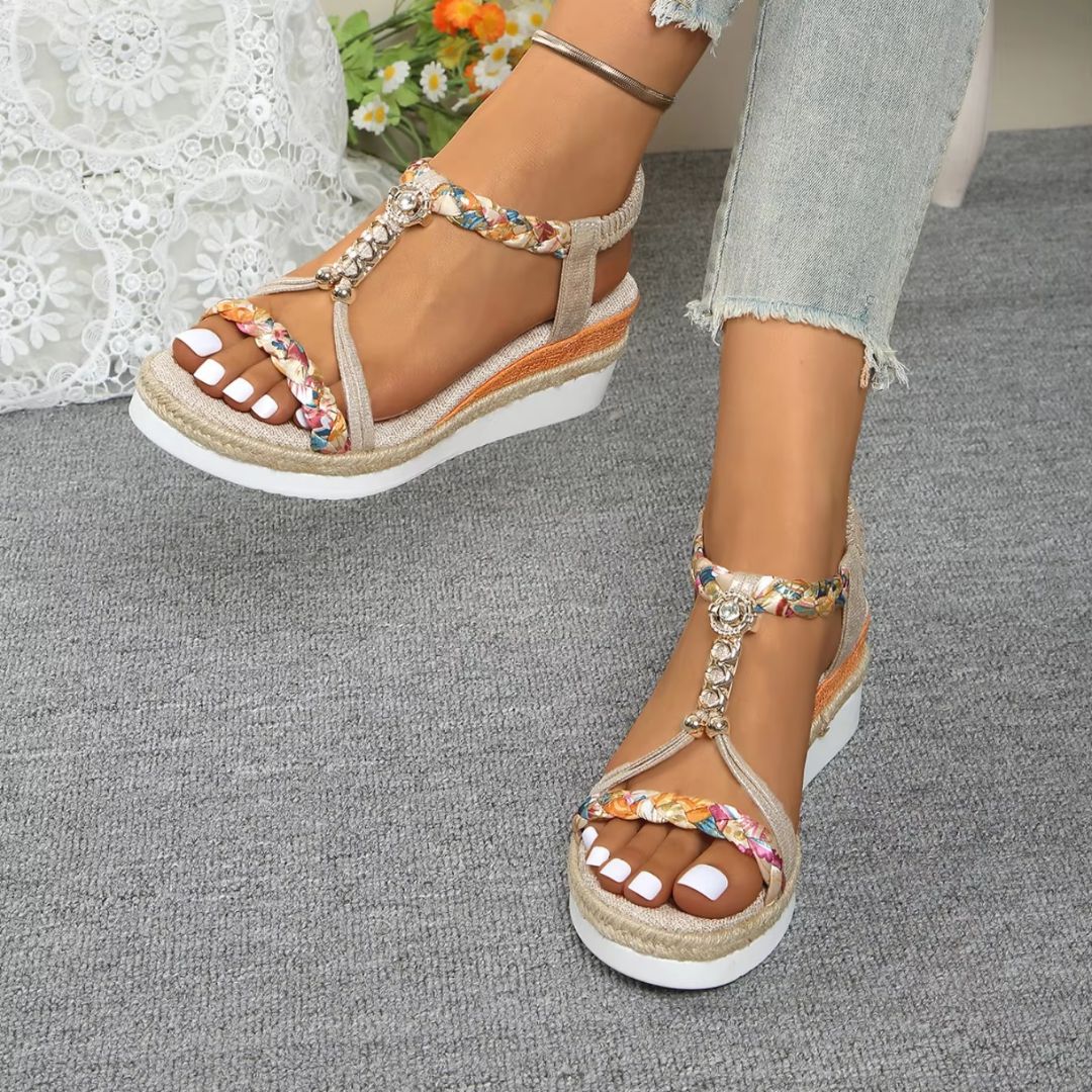 Women's Wedges with Braided Strap ⎜ Comfortable Sandals with Pearl Details and Fashionable Sole