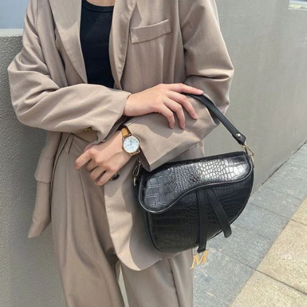 Women's Shoulder Bag ⎜ Crocodile Design with Adjustable Strap and Gold Embellishment