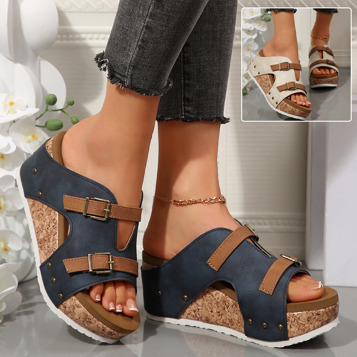 Women's Wedge Sandals ⎜ Comfortable Shoes with Buckle Fastening and Fashionable Cork Sole