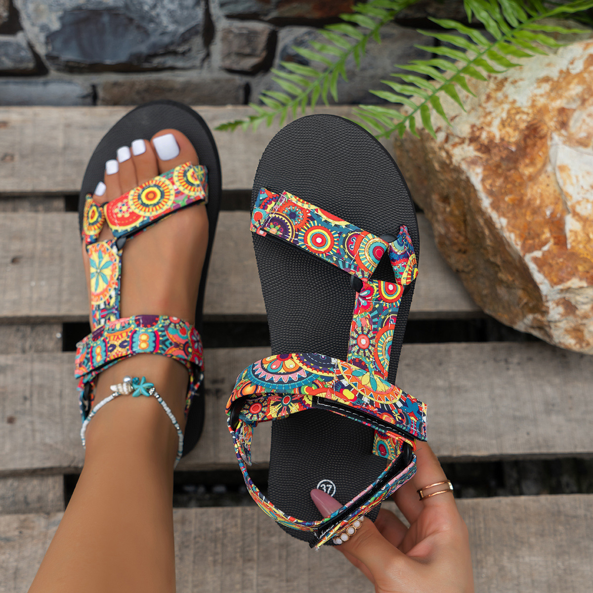 Outdoor Sandals for Women ⎜ Lightweight Summer Shoes with a Flat Sole and Adjustable Velcro Fasteners