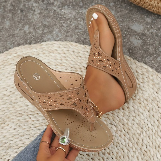 Women's Platform Toe Flip - Flops ⎜ Comfortable Summer Flip - Flops with Wedge Sole and Rhinestones for Beach and Leisure
