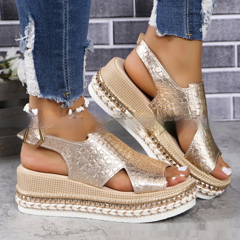 Women's Platform Sandals ⎜ Fashionable Summer Shoes with Crocodile Look and Adjustable Buckle