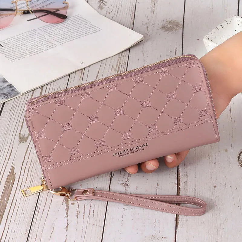 Women's Clutch with Crown Embroidery ⎜ Long Zip and Practical Design with Wrist Strap