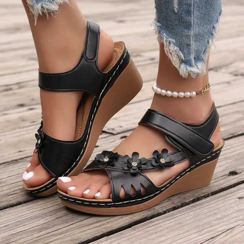 Women's Wedge Sandals ⎜ Floral Design with Adjustable Strap and Flat Sole for Comfort