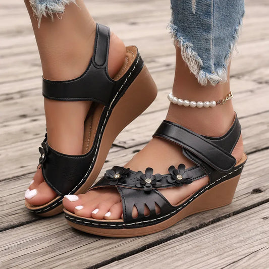 Women's Wedge Sandals ⎜ Floral Design with Adjustable Strap and Flat Sole for Comfort