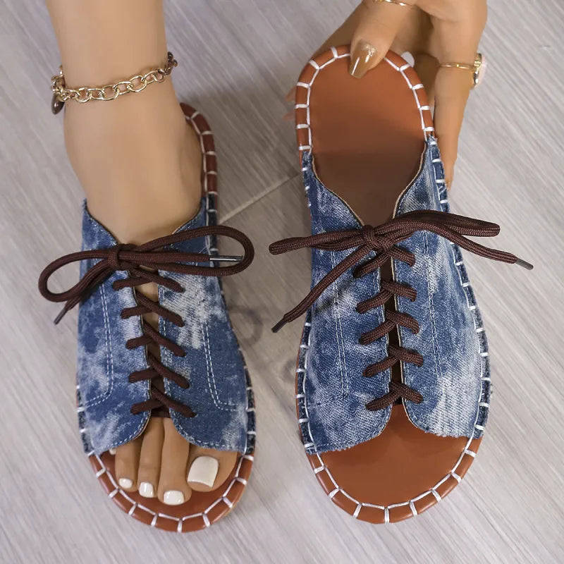 Summer Slip - on Shoes for Women ⎜ Comfortable Open Shoes with a Denim Look and Laces for Leisure and Everyday Wear