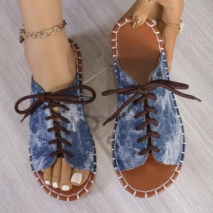 Summer Slip - on Shoes for Women ⎜ Comfortable Open Shoes with a Denim Look and Laces for Leisure and Everyday Wear