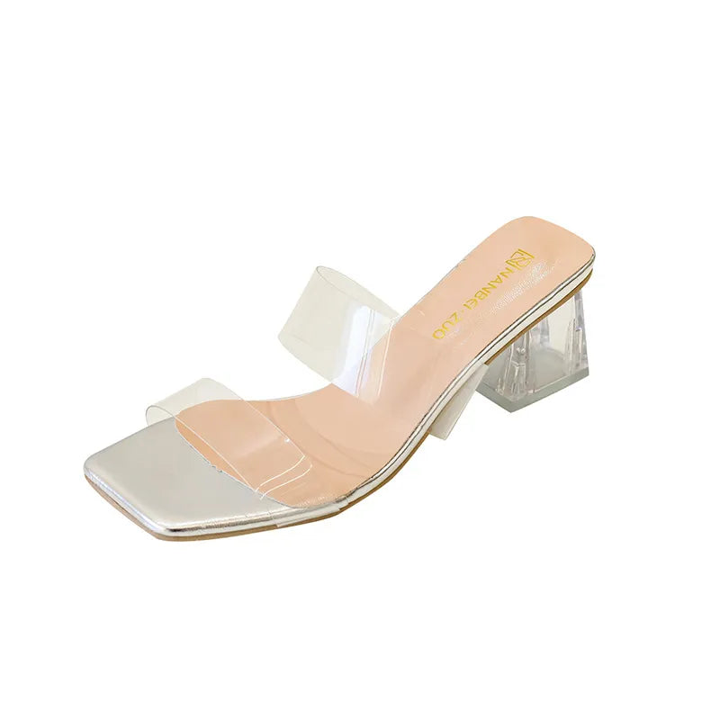 Women's Slip - on Sandals ⎜ Elegant Summer Shoes with Transparent Block Heel and Wide Straps