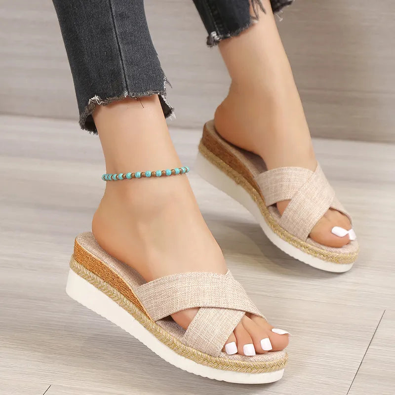 Women's Wedge Heel Slip - on Shoes ⎜ Comfortable Summer Shoes with Cross Straps and Open Design for Everyday Wear & Leisure